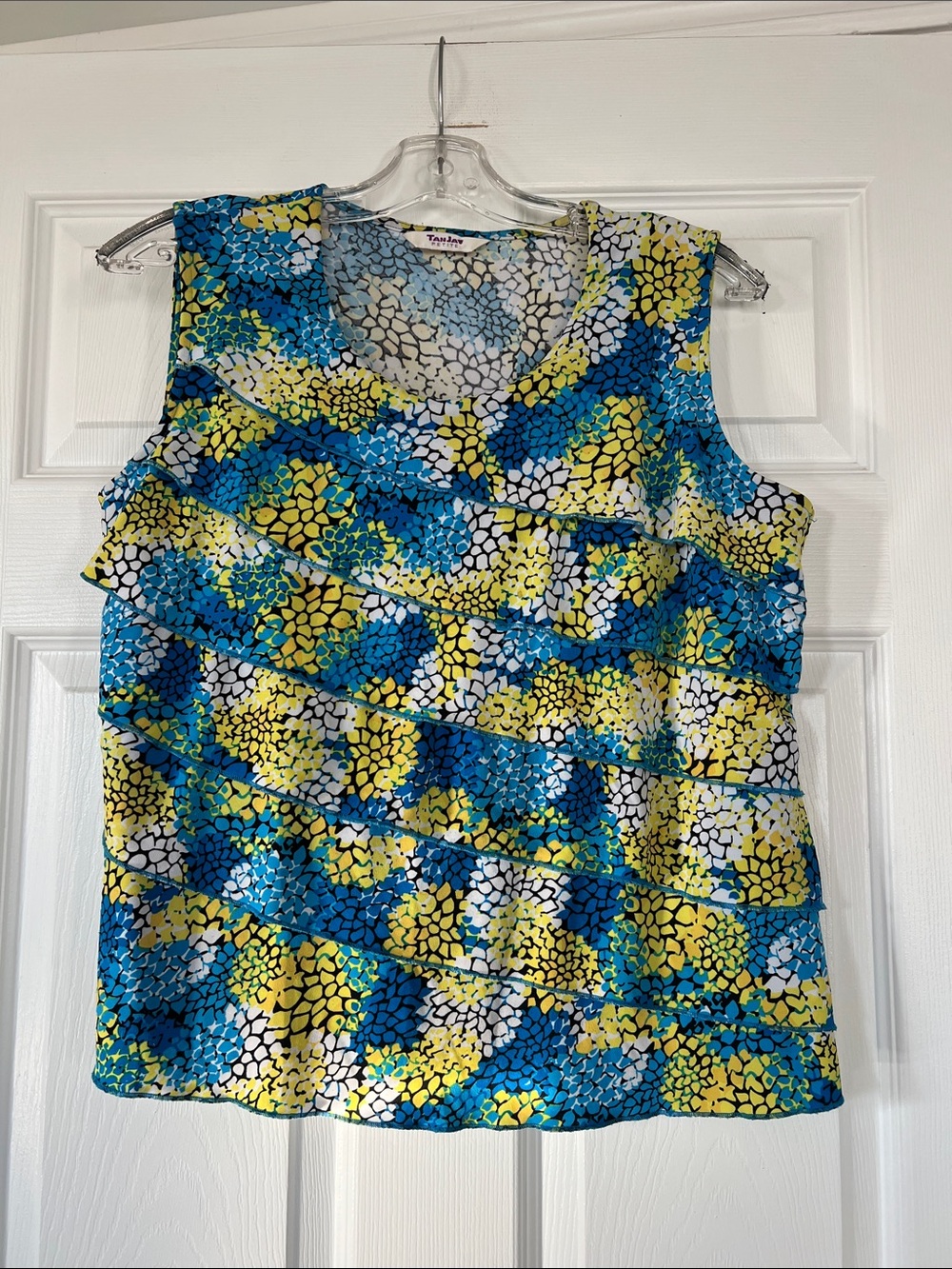 TanJay Blue, Yellow & White Ruffled Tank Top